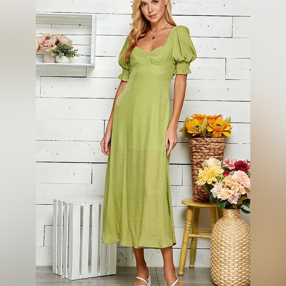Elegant Green Puff Sleeve Dress